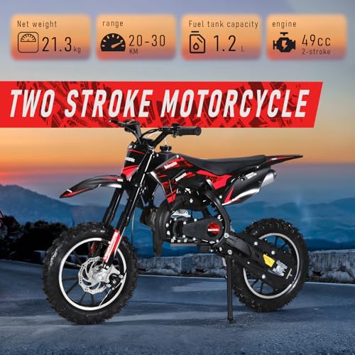 49cc Kids Dirt Bike, 2-Stroke Gas Powered Mini Motocross Motorcycle, Off-Road Dirtbike for Kids 5-14 with Front/Rear Disc Brakes, Shock Absorption