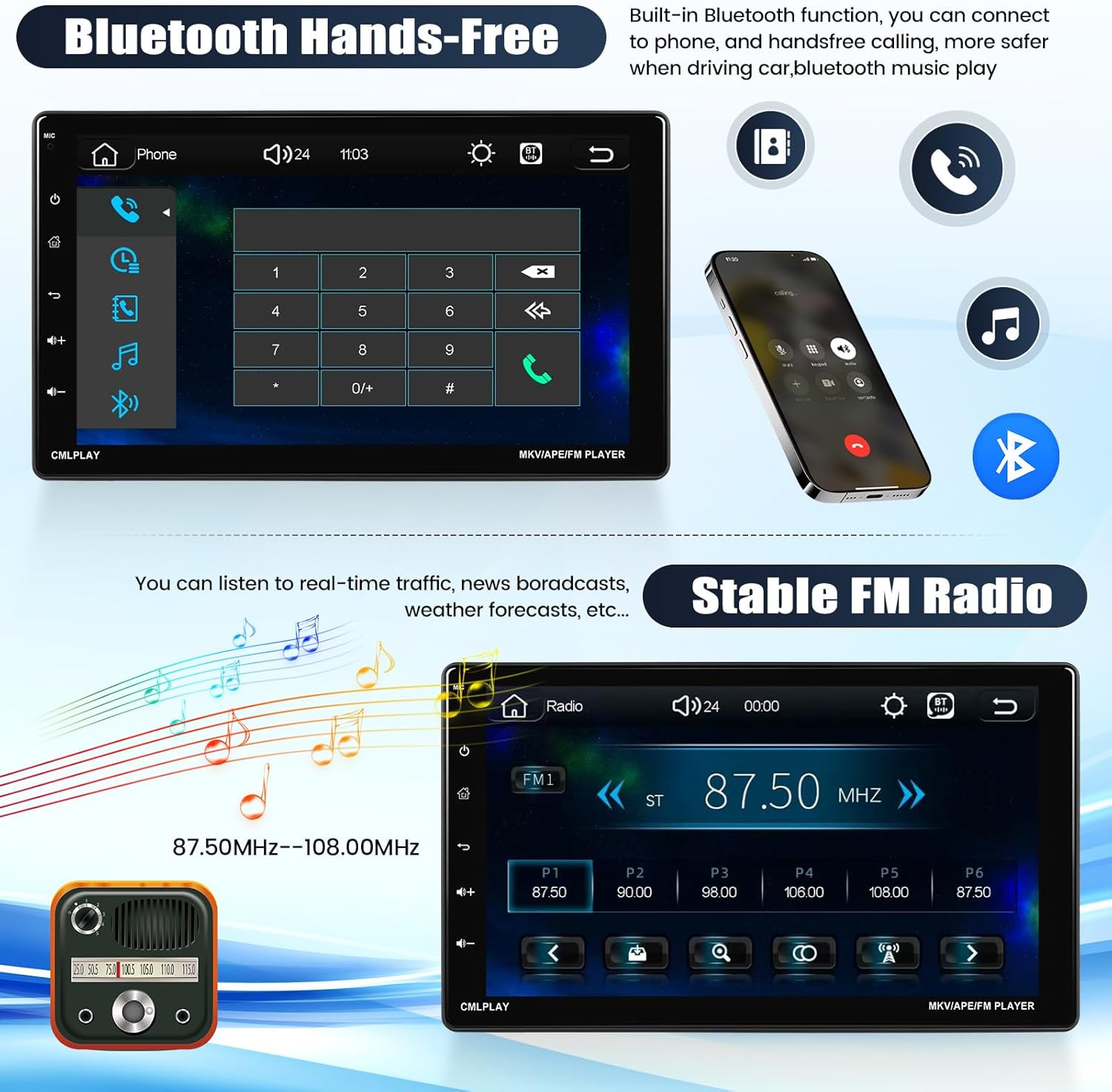 Single Din Car Stereo with Wireless Apple Carplay&Android Auto