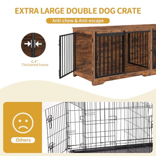 78 Inch Dog Cage Furniture for 2 Dogs, Extra Large Breed Double Dog Crate Furniture, XXL Thick Wooden TV Stand, Dog Kennel Furniture with Divider