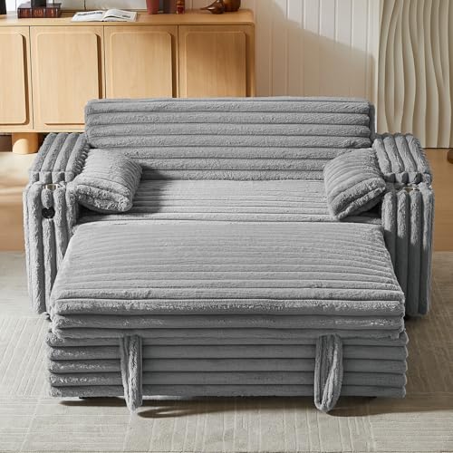 68.11" Corduroy Sleeper Chair Bed with USB Port, Cup Holders & Side Storage Pockets – 3-in-1 Foldable Sofa Bed for Guest Room, Living Room – White