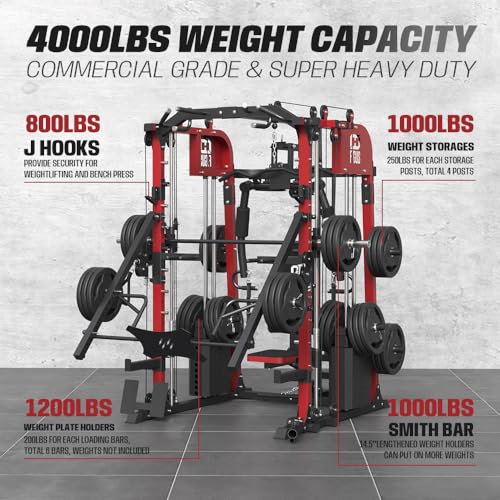 Commercial SmithMachine with Smith Bar, Home Gym Station with Dual Weight Stacks, 4000LBS Power Cage Squat Rack with Lever Arm, Leg Press