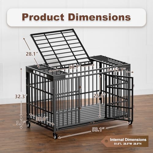 54 Inch Heavy Duty Dog Crate with Wheels，Indestructible Escape-Proof Dog Cage for Large Dogs