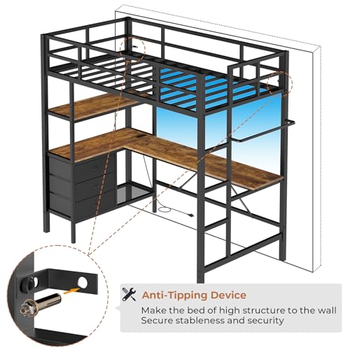 DICTAC Loft Bed Full Size with L-Shaped Desk and Charging Station Full Metal Bed Frame with LED Lights,Open Shelves and 3 Fabric Storage Drawers