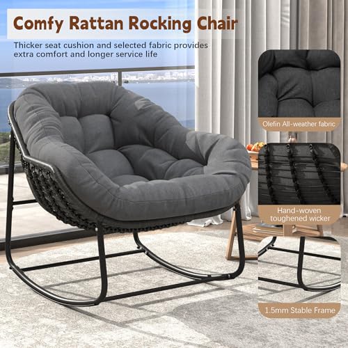 Outdoor Indoor Rocking Chair, Patio Wicker Egg Chair, Indoor & Outdoor Comfy Oversized Papasan Chair with Padded Cushion