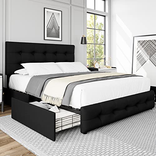 Queen Bed Frame with 4 Storage Drawers and Adjustable Headboard, Upholstered Platform Bed with Button Tufted Design, Strong Wooden Slats Support