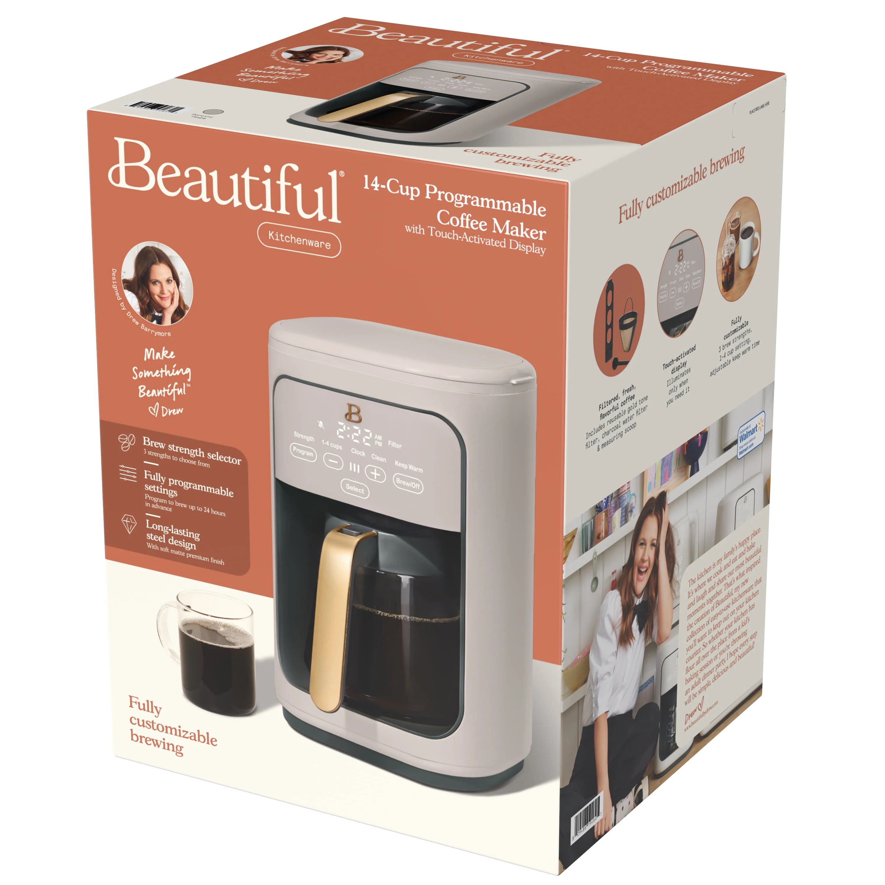 Beautiful 14-Cup Programmable Drip Coffee Maker with Touch-Activated Display, Rose by Drew Barrymore
