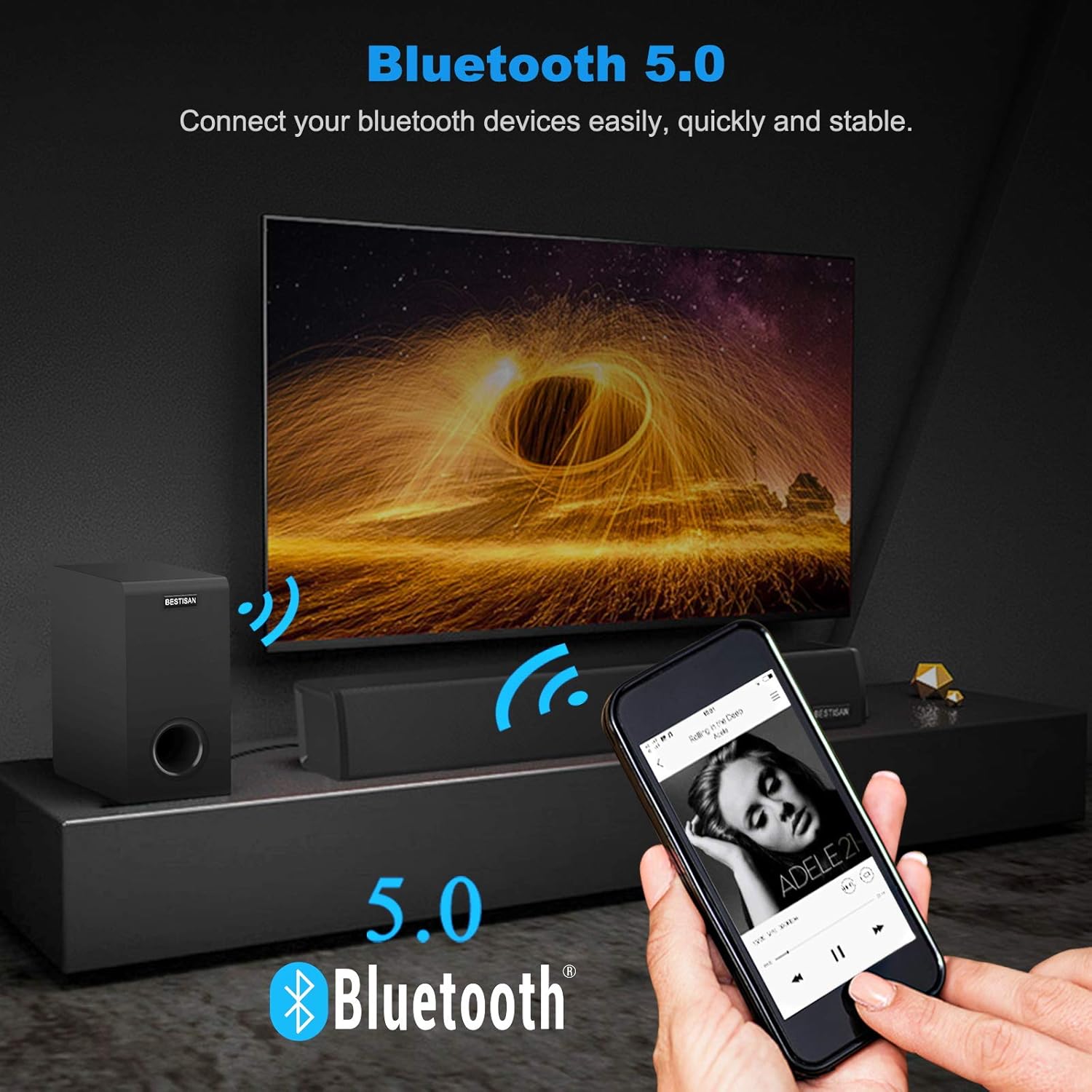 Powered Subwoofer, Bestisan 6.5 Active Home Audio Subwoofer with Bluetooth in Compact Design, Opt/RCA/Bluetooth Input