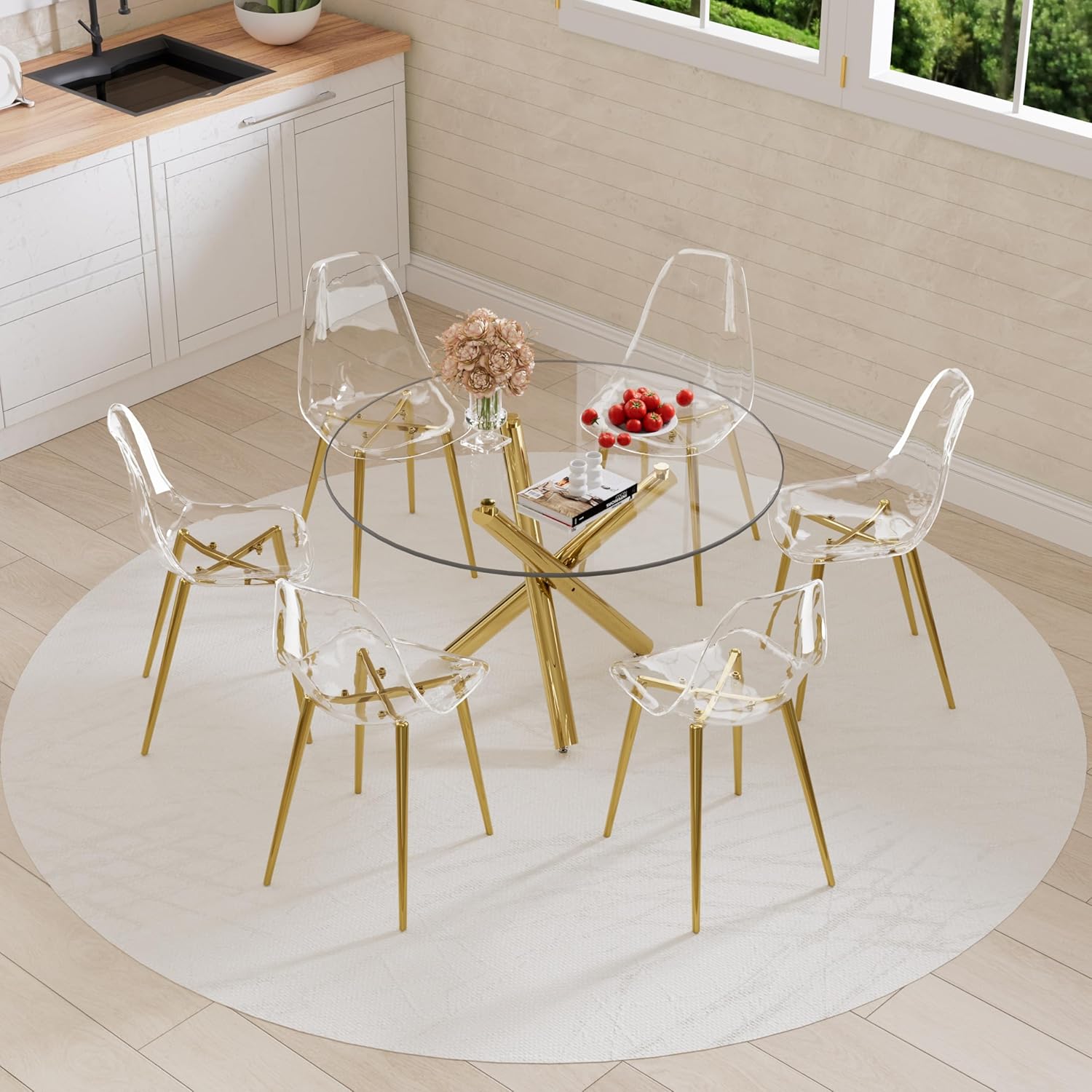 Baysitone Gold Round Glass Dining Table Set for 6, 47'' Circle Kitchen Table Set, Circular Dining Room Table Set