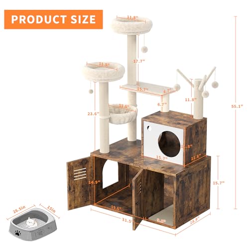 Litter Box Enclosure with Cat Tree Tower and Condo,Hidden Pet Washroom Furniture with Sisal Scratching Post,Hammocks,Condo,Multiple Platform