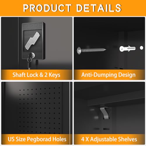 Upgraded Tall & Wide Metal Storage Cabinet with Doors & 4 Adjustable Shelves | Heavy-Duty Black Lockable Garage Cabinet with Wheels & Pegboard for
