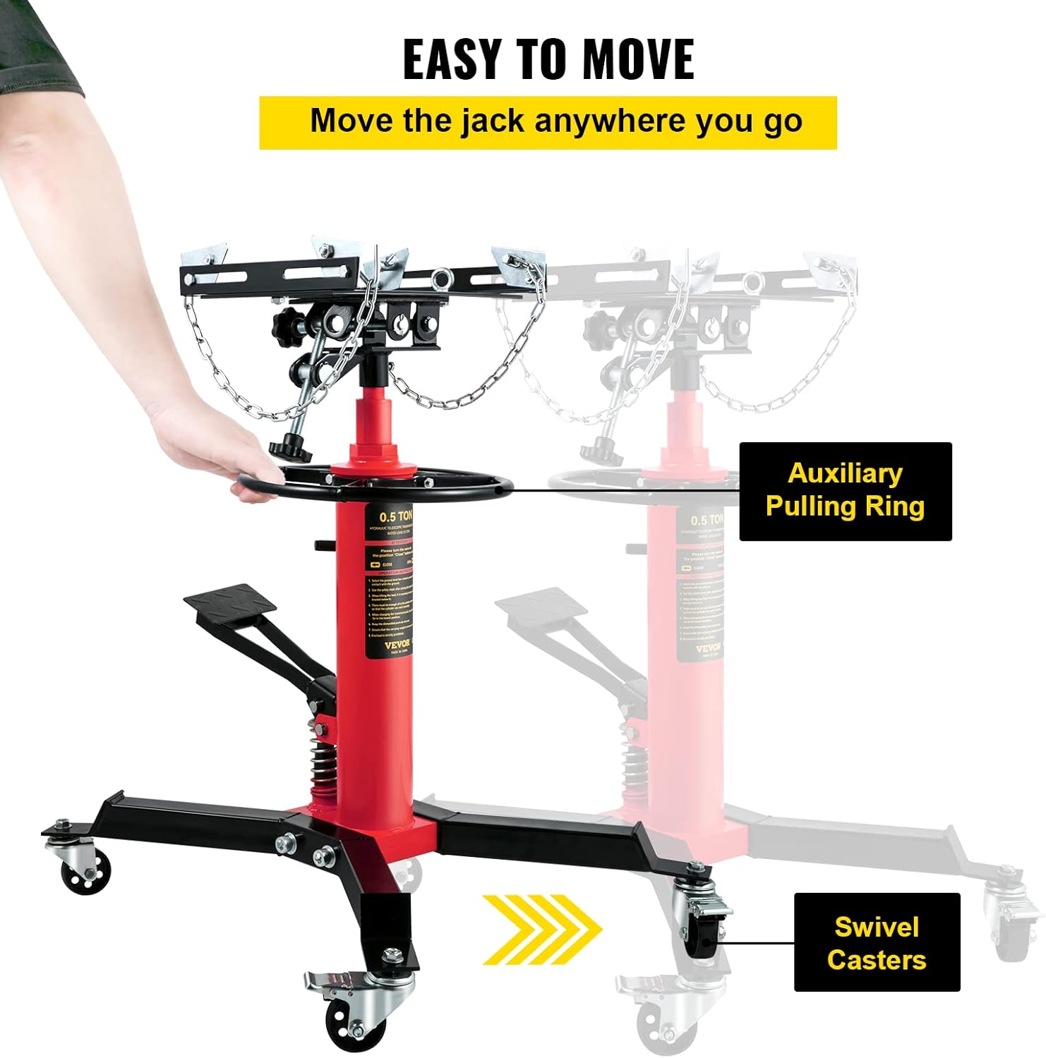 VEVOR Transmission Jack,1/2Ton/1100lbs Capacity Hydraulic Telescopic Transmission Jack, 2-Stage Floor Jack Stand with Foot Pedal, 360° Swivel Wheel