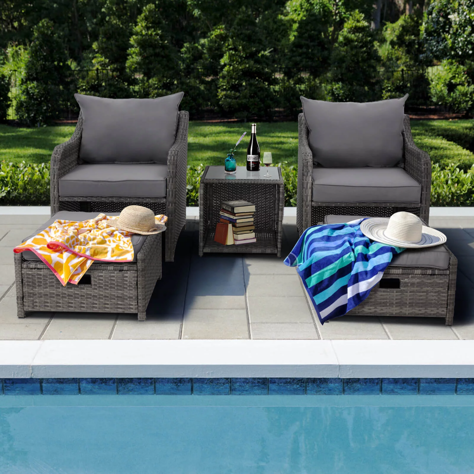 HOMREST 5 Piece Balcony Furniture, All Weather PE Wicker Rattan Patio Furniture Set, Cushioned Patio Chairs Set of 2 w/Ottoman&Table