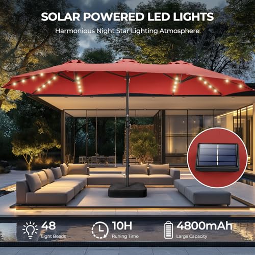 Double Sided Patio Umbrellas - 15ft Solar Lights LED Lighted Outdoor Extra Large Market Table Umbrella with Base Included