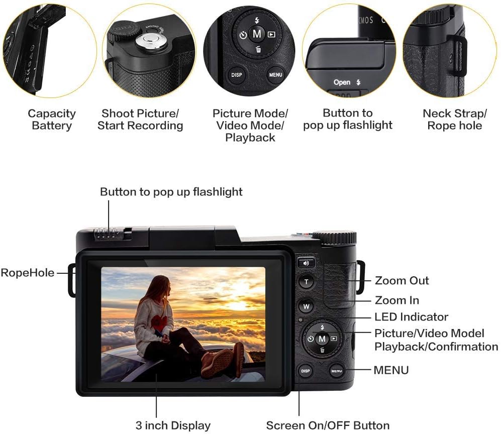 2.7K Digital Camera Vlogging Camera 30MP Full HD Digital Camera with Retractable Flash Light Camera 3 Inch Flip Screen Vlogging Camera for YouTube