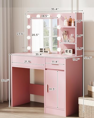 Vanity Desk with Mirror and Lights, Makeup Vanity with Drawer & Storage Shelves, Cabinet, 3 Lighting Modes Adjustable Brightness