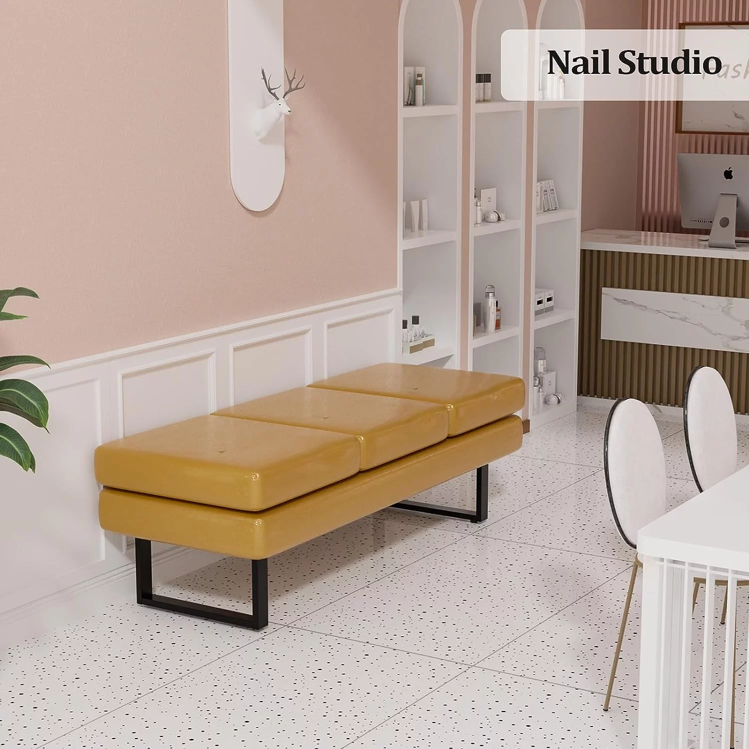 OmySalon Waiting Room Bench Seating, Salon Reception Chairs 3 Seats Upholstered, 59.5''Heavy Duty Guest Lobby Chairs, Faux Leather Settee