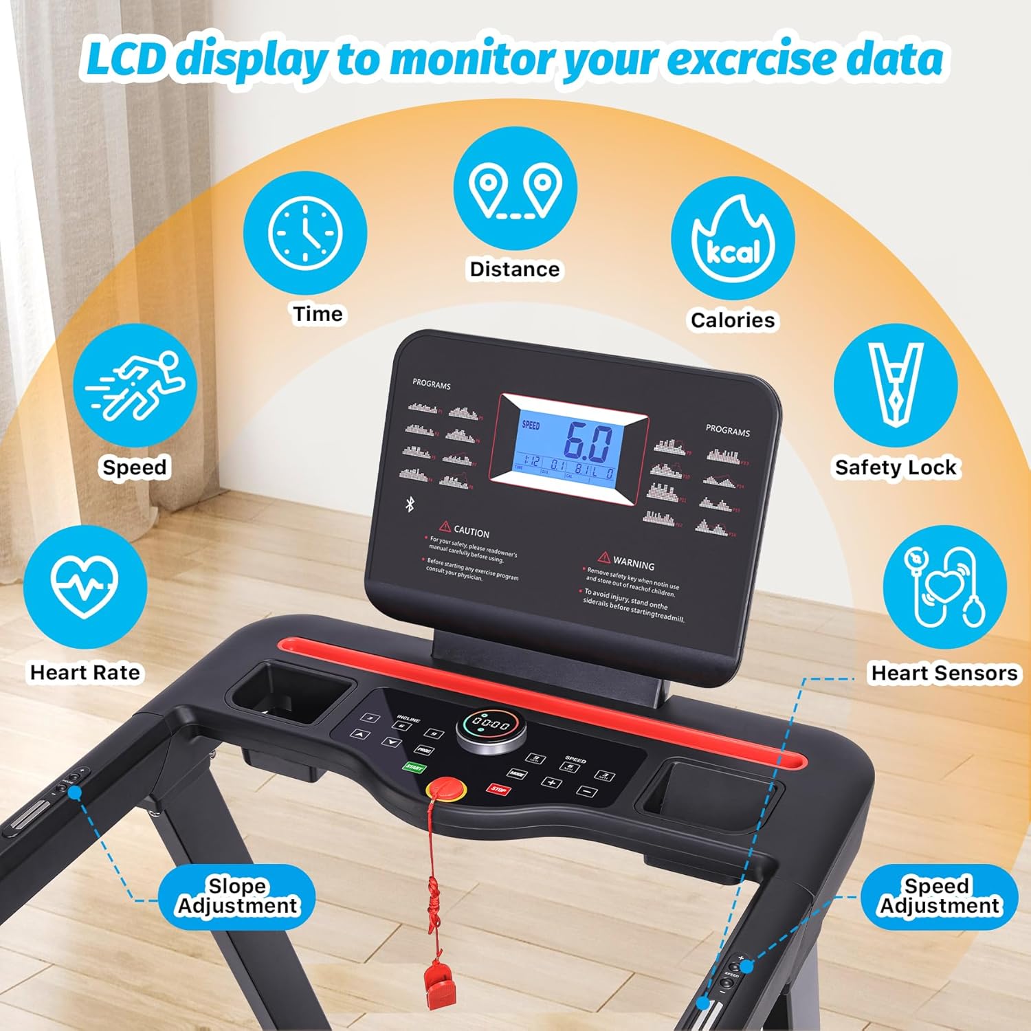 Treadmill with Auto Incline,Home Folding Treadmill with Heart Sensor,3.5 HP Quiet Brushless, 8.7 MPH, Shuttle Buttons,48in*18in Running Area