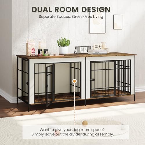 Erinnyees 79" Double Dog Crate Furniture, Extra Large Dog Cage Large Breed, Wooden Dog Crate TV Stand, Furniture Style Dog Kennel with Divider, Beige