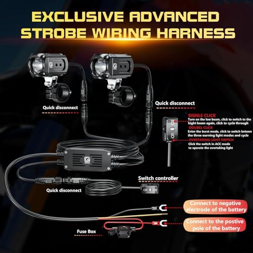 Kewig Motorcycle Auxiliary LED Light Kit Driving Spotlights White/Amber Fog Light with Mount Brackets Wire Harness Waterproof 60W Offroad Work Lights