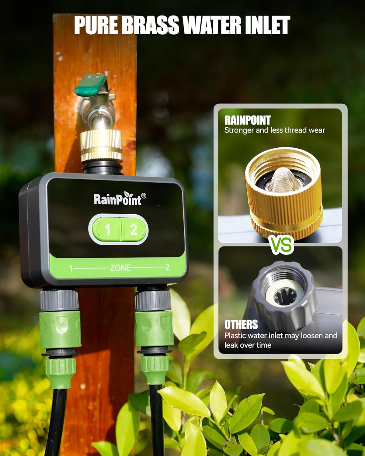 RAINPOINT Smart Water Timer for Garden Hose with Brass Inlet, Bluetooth Sprinkler Timer 2 Outlet