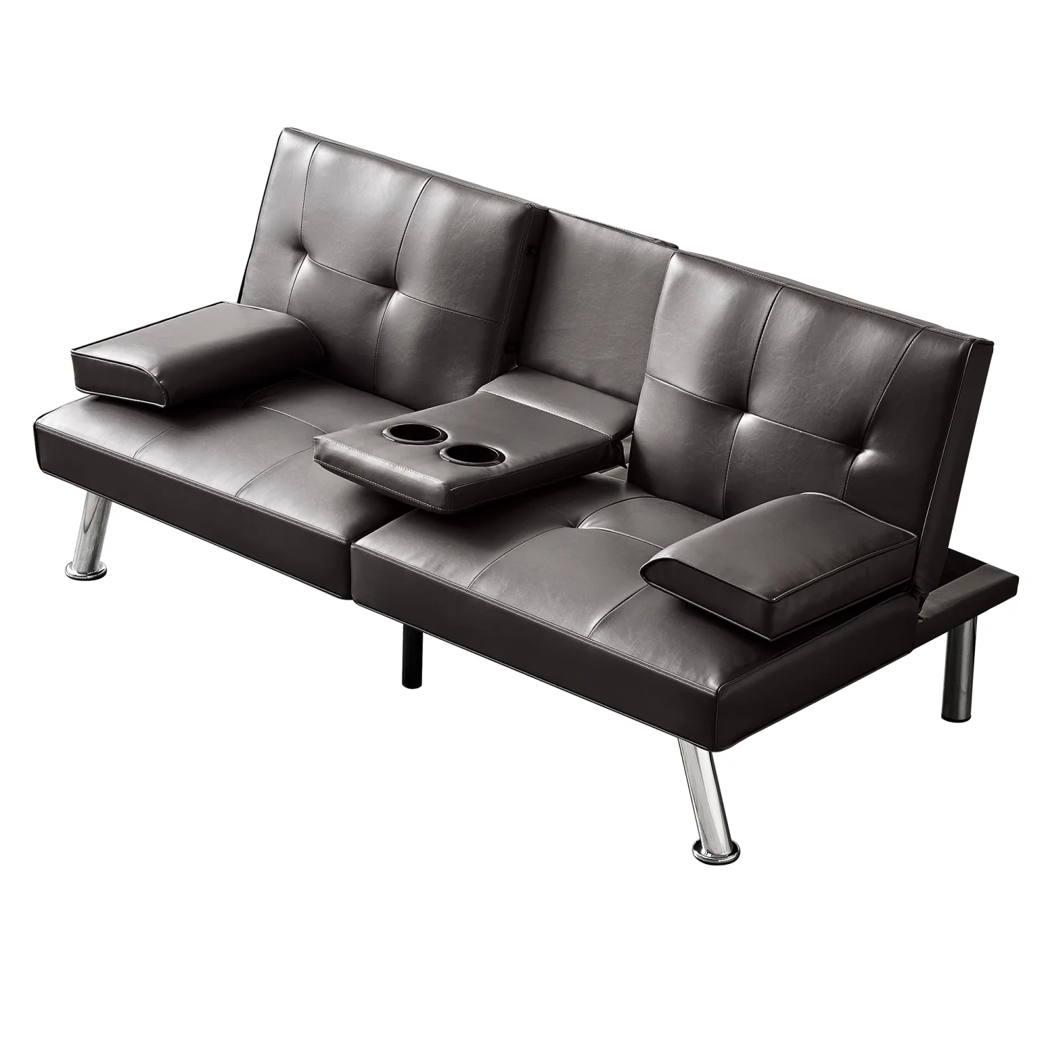 Convertible Sofa Bed Adjustable Couch Sleeper Modern Faux Leather Recliner Reversible Loveseat Folding Daybed Guest Bed  Removable Armrests  Cup