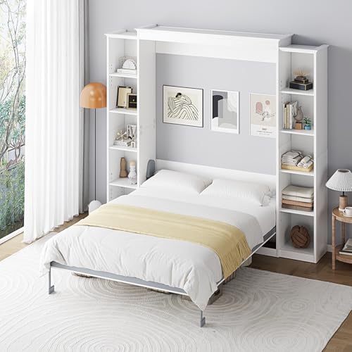 Rophefx Queen Murphy Bed Cabinet with 5-Tier Adjustable Storage Shelves, Queen Wall Bed Cabinet Bed, Wood Space Saving Beds, Foldable Platform Beds