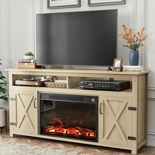 YESHOMY Farmhouse TV Stand for Televisions up to 65 Inches, Sliding Barn Doors and Storage Cabinets