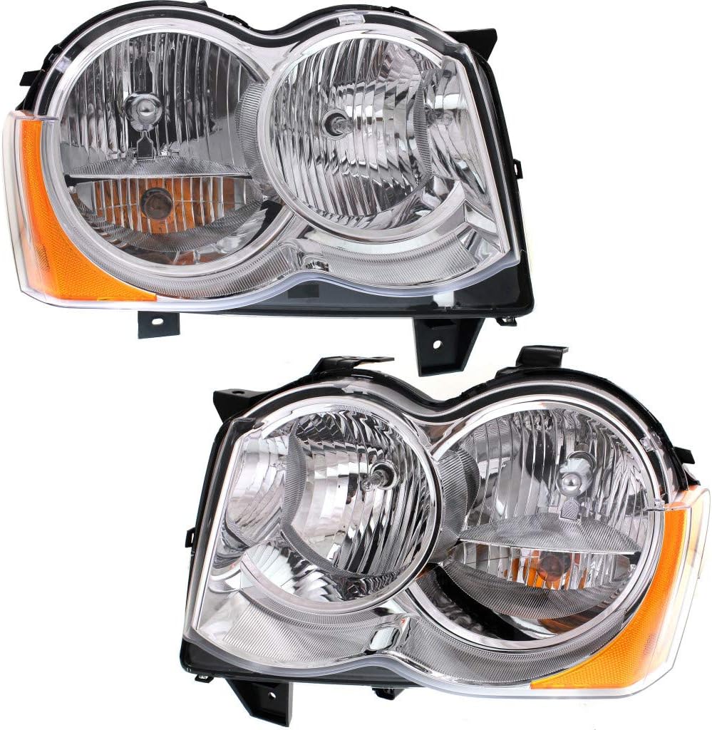 For Jeep Grand Cherokee Headlight Assembly 2008 2009 2010 Driver and Passenger Side Pair/Set | Halogen | CAPA | CH2519131 + CH2518131 | 55157483AE +