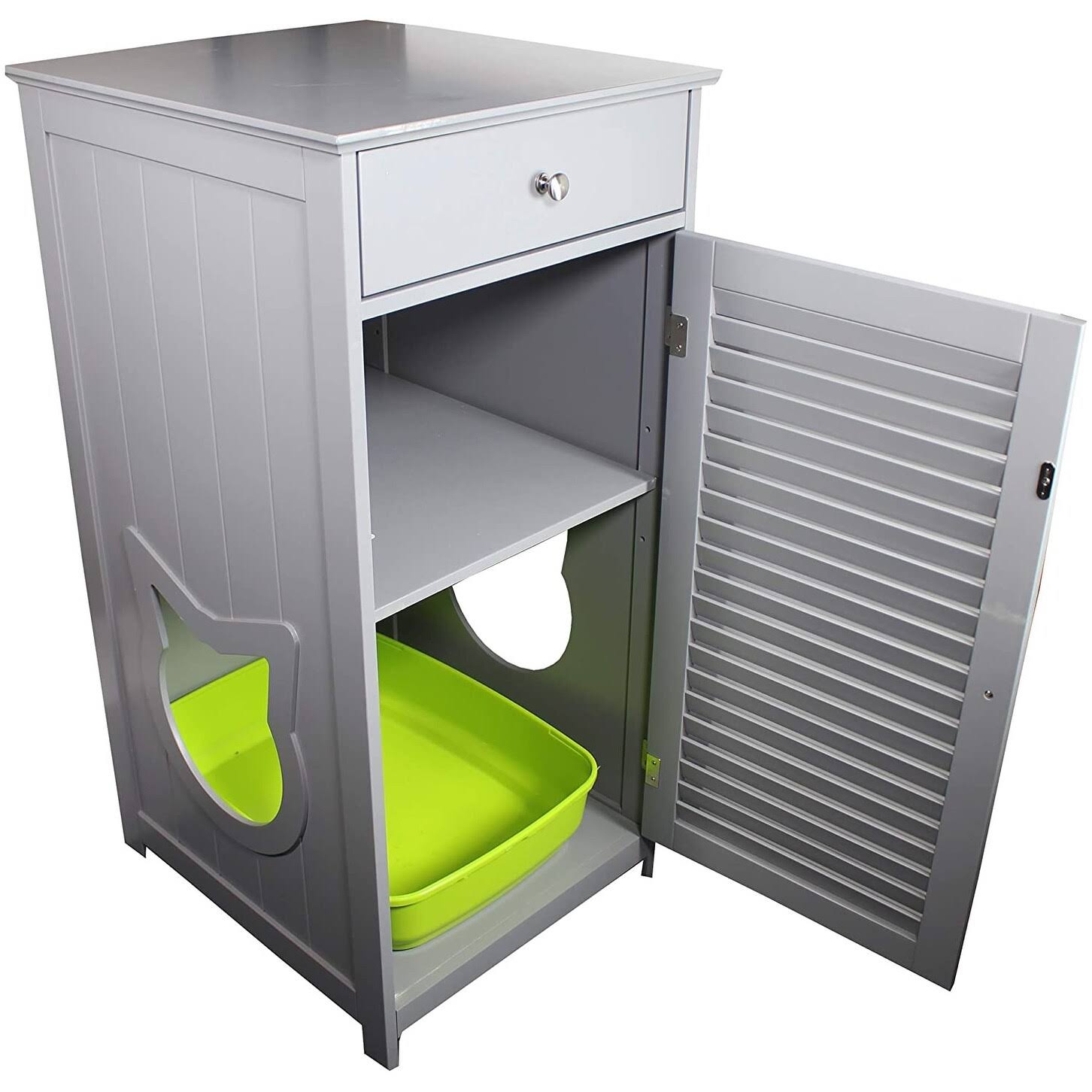 Penn-Plax Cat Walk Furniture: Contemporary Home Cat Litter Enclosure - Storage Drawer, Inner Shelf, and Shutter Style Door - Gra