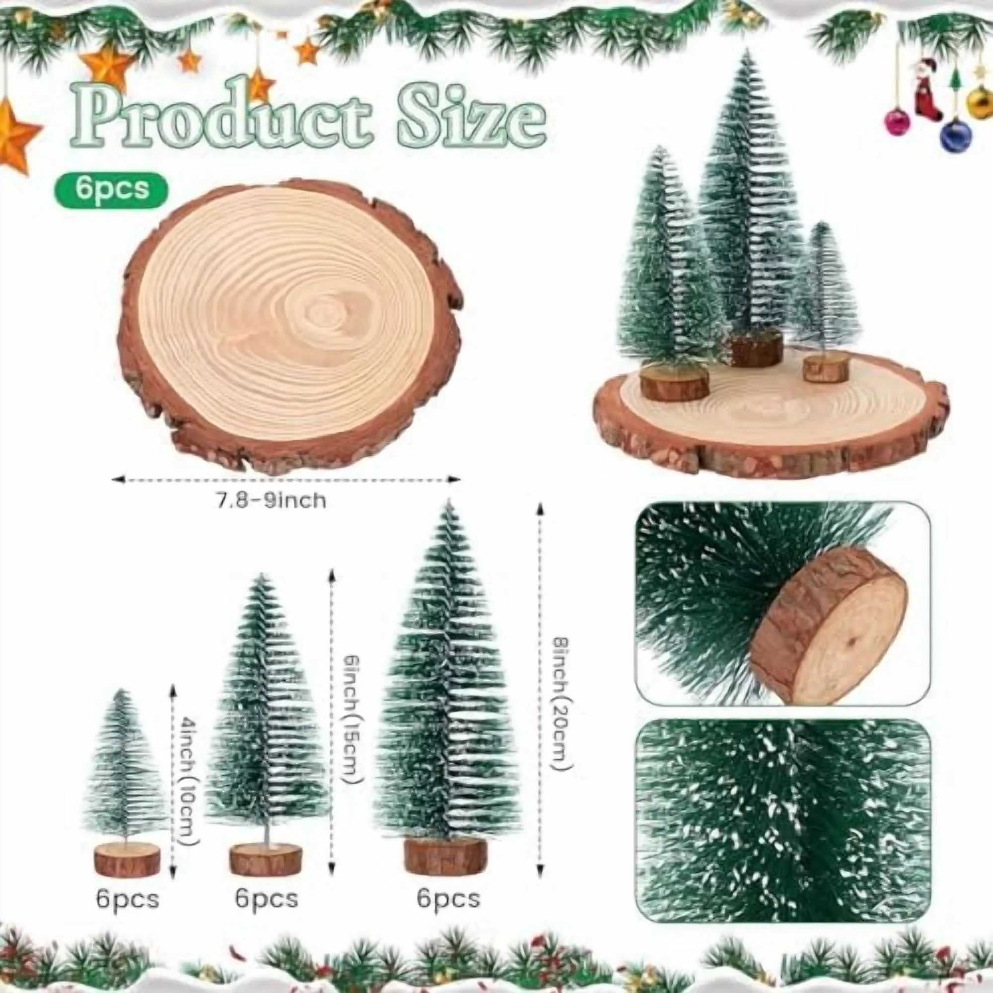 24 Pcs Bottle Brush Christmas Trees in 3 Size 18 Desktop Miniature Christmas Trees with 6 Nature Unfinished Round Wood Slices Table Decorations for