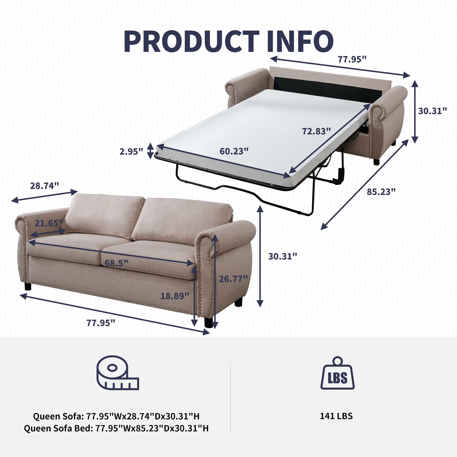 ZAFLY 2-in-1 Queen Size Pull Out Sofa Bed | Convertible Loveseat with Mattress | Sleeper Sofa Couch for Living Room/Apartment, Beige