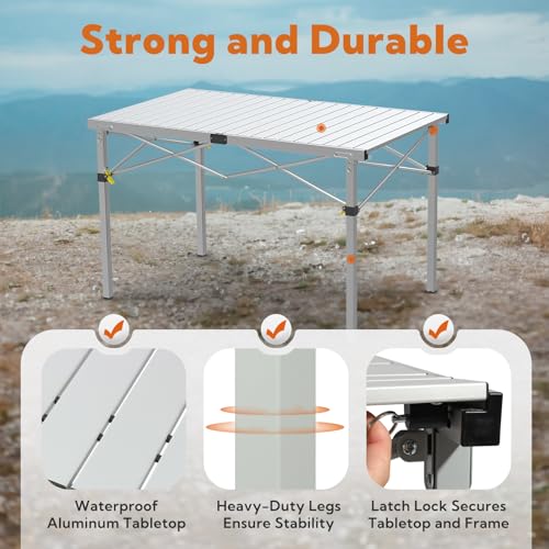 Portable Outdoor Camping Table Large for 2-6 Person - Foldable Camp Table with Aluminum Roll-Up Top & Carry Bag for BBQ, Tailgating, Backyard
