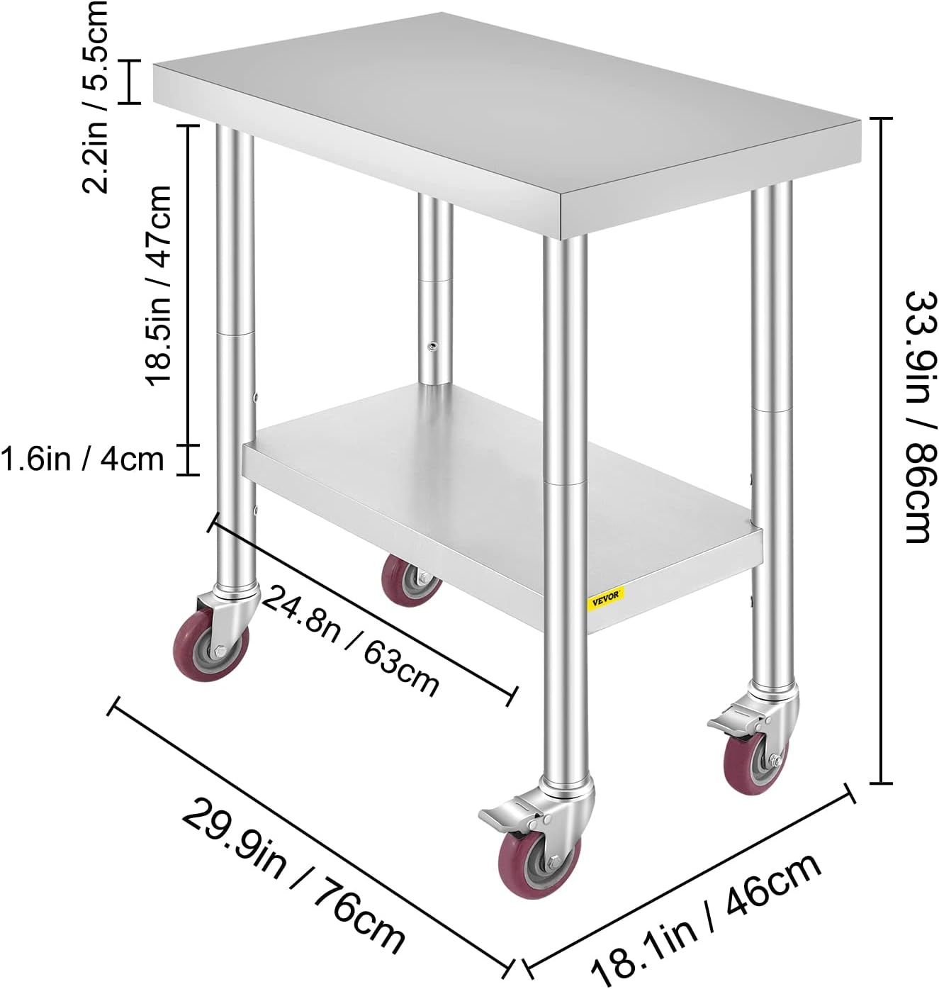 Mophorn Stainless Steel Work Table with Wheels 24 x 30 Prep Table with casters Heavy Duty Work Table for Commercial Kitchen Restaurant Business (24 x