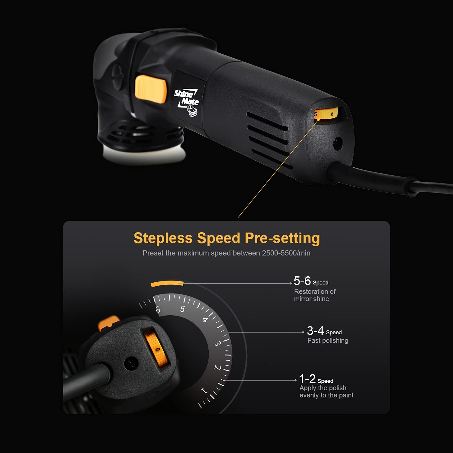 ShineMate Dual Action Polisher for Car Detailing 3 Inch, 500w 12mm Throw Random Orbital Polisher with 6 Variable Speed Setting