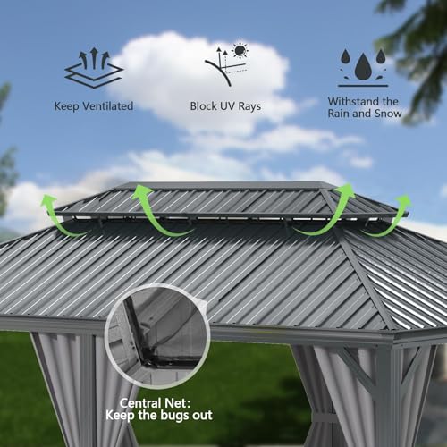 Domi 10’ x 10’ Hardtop Gazebo Metal Frame Canopy with Netting & Curtains