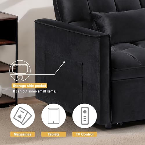 3 in 1 Sleeper Sofa Bed, Futon Sofa Bed for Living Room with Side Pocket, Black Sleepers Sofa Couch with Pullout Bed