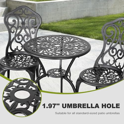 NUU GARDEN 3 Piece Bistro Set Outdoor, All Weather Cast Aluminum Patio Bistro Sets Patio Table and Chairs Set of 2 with Umbrella Hole for Yard