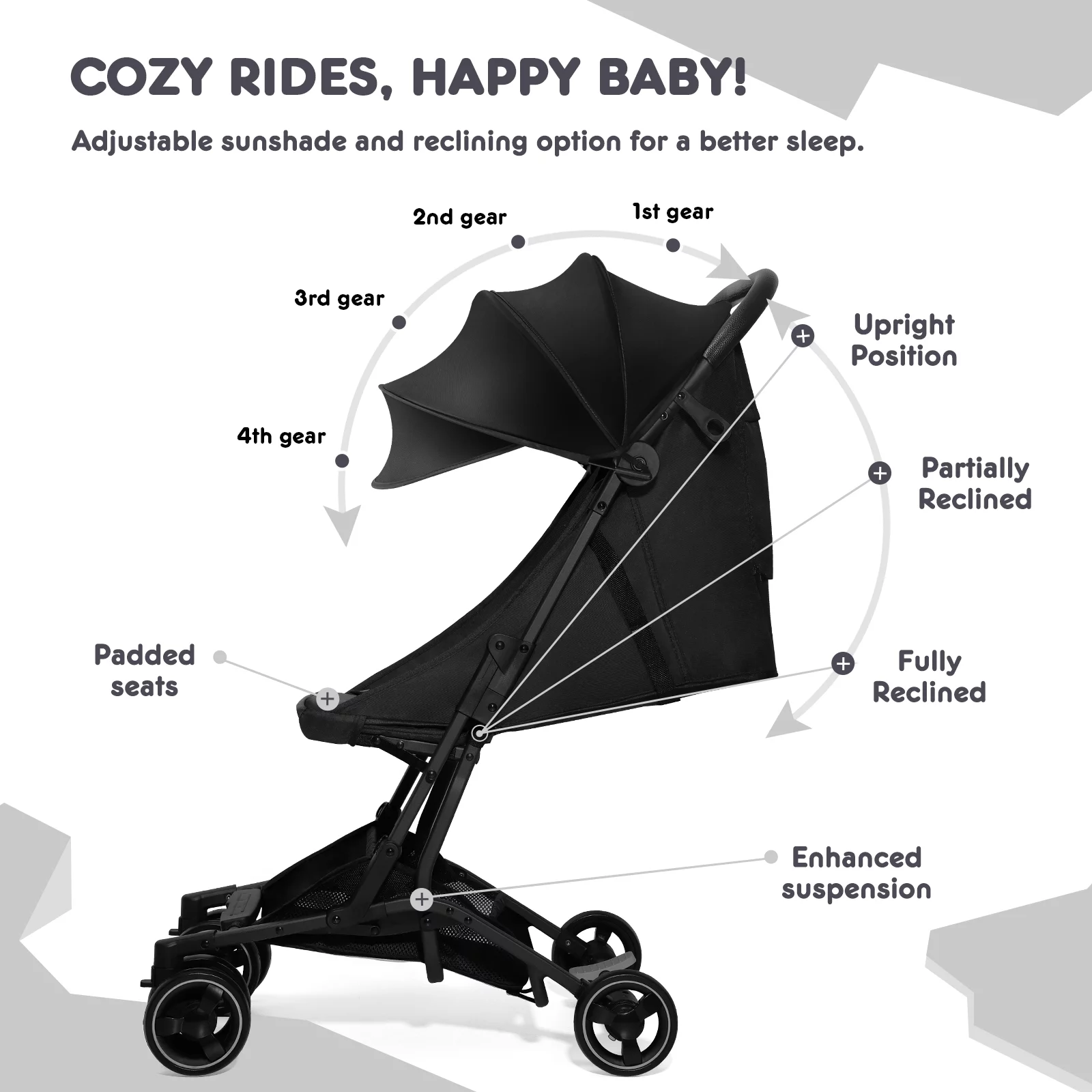 HARPPA Lightweight Travel Stroller, Compact Umbrella Stroller for Babies, Easy Folding, Black