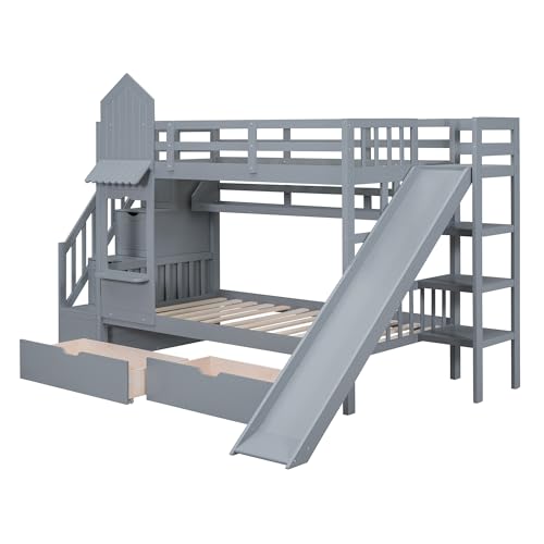 Merax Full Over Full Bunk Bed with 2 Drawers and 3 Shelves