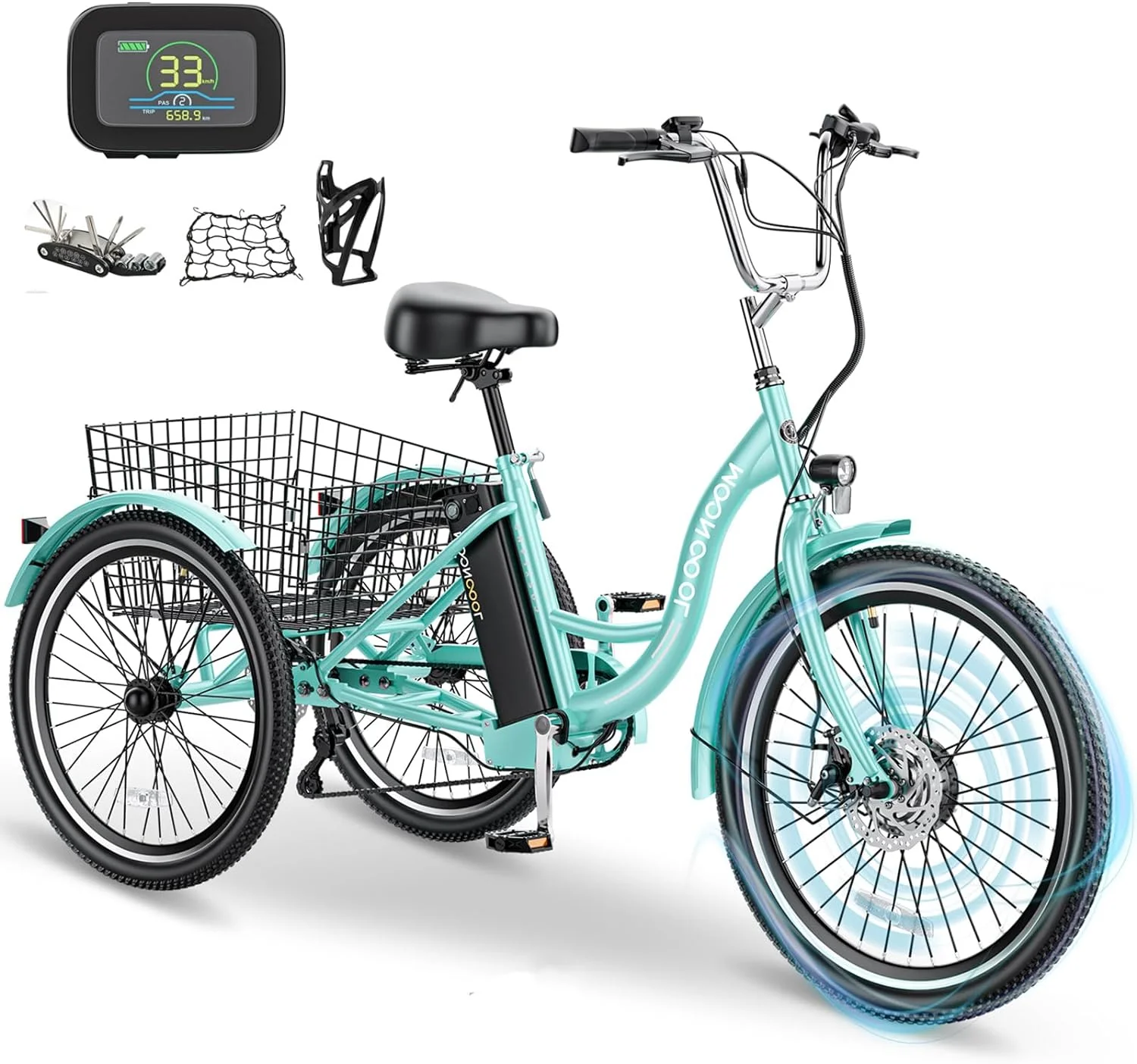 MOONCOOL 350W Motorized Electric Trike, 7 Speed 3 Wheel Electric Bicycle with 36V 14.5Ah Lithium Battery UL Certified