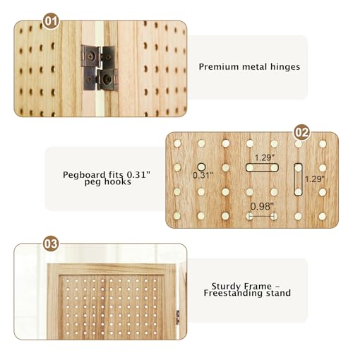 Pegboard Display, 5.6Ft Wooden Room Divider Folding Privacy Screens Portable Freestanding Wall Organizer for Retail Craft Art Display Board (4panels