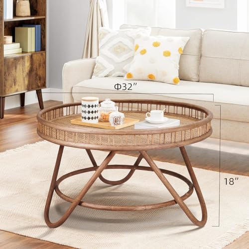 FINECASA Round Rattan Coffee Table, 32'' Wicker Boho Hand-Woven Top