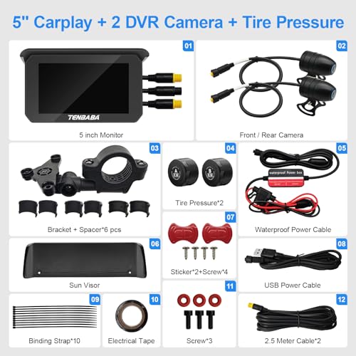 Professional Motorcycle Camera, Motorcycle Carplay & Motorcycle Android Auto, Motorcycle Dash Cam, 5" Motorcycle GPS Navigation, Motorcycle TPMS