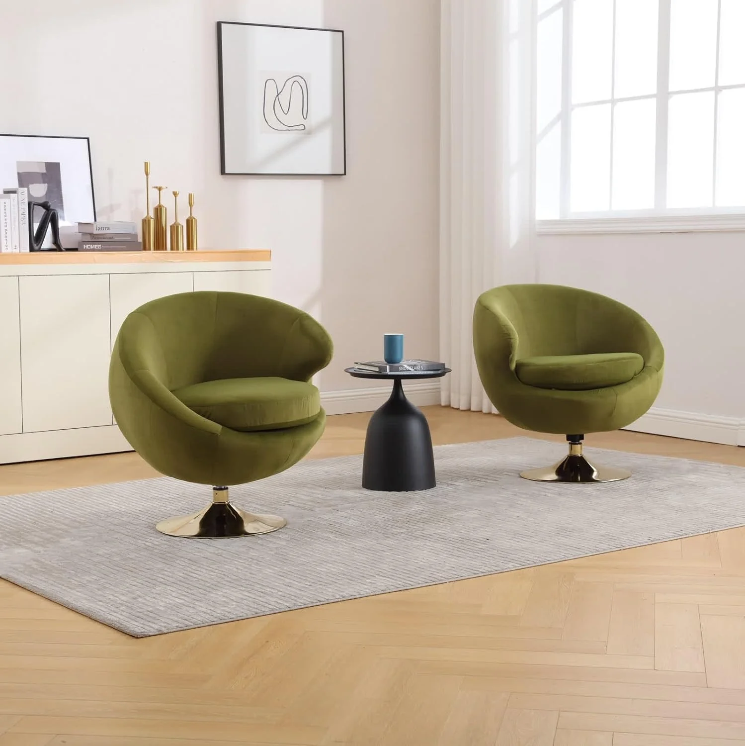 Modern Swivel Barrel Chair, Green Velvet Round Accent Chair, 360 Swivel Cuddle Vanity Chair, Upholstered Arm Chair for Living Room, Bedroom, Hotel