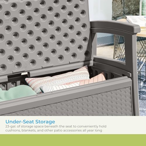Suncast Elements Stylish Lightweight Loveseat Outdoor Seating with Convenient Built In Universal Storage, and All Weather Plastic, White