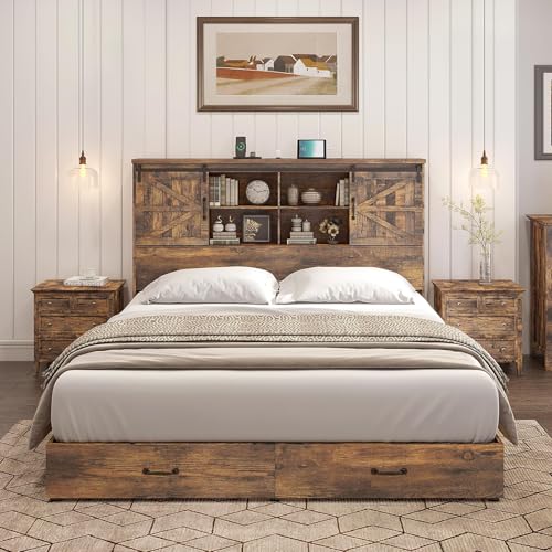HOWE King Size Bed Frame, Wood Platform Bed Frame with 51.2" Bookcase Headboard, Storage Bed with Sliding Barn Door Charging Station 2 Drawers