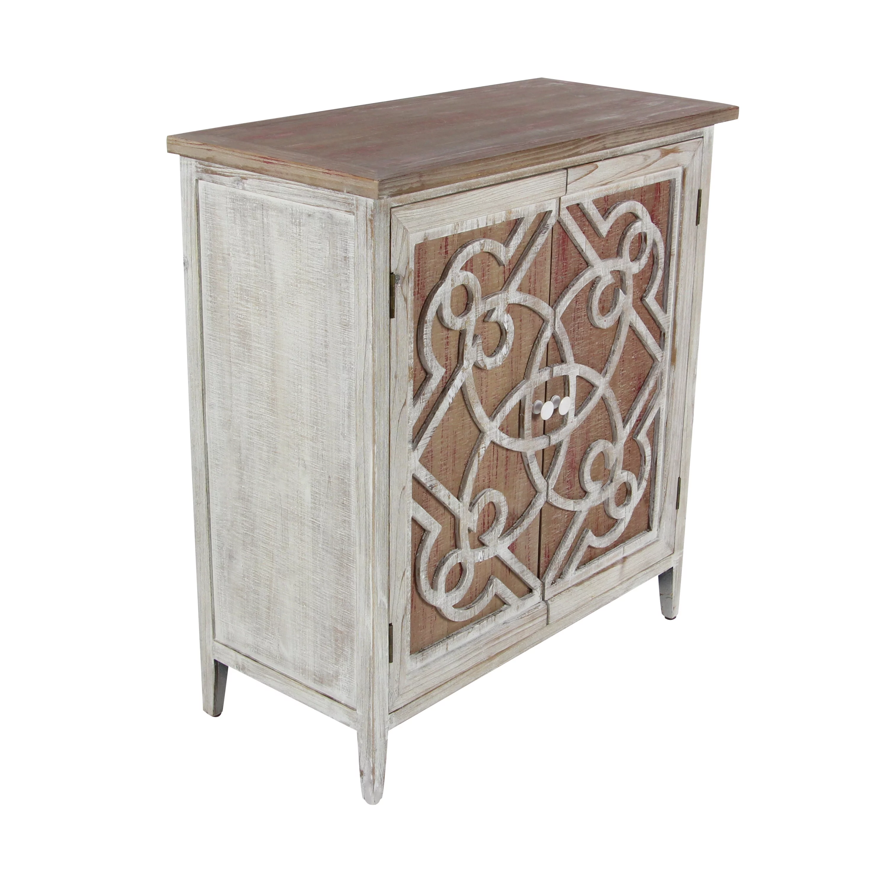 DecMode 28" x 31" Light Brown Wood 1 Shelf and 2 Door Geometric Cabinet with Carved Relief Overlay, 1-Piece