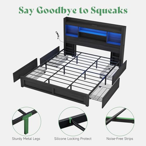 AMERLIFE Queen Bed Frame with 4 Storage Drawers, LED Platform Bed with 49" Bookcase Headboard