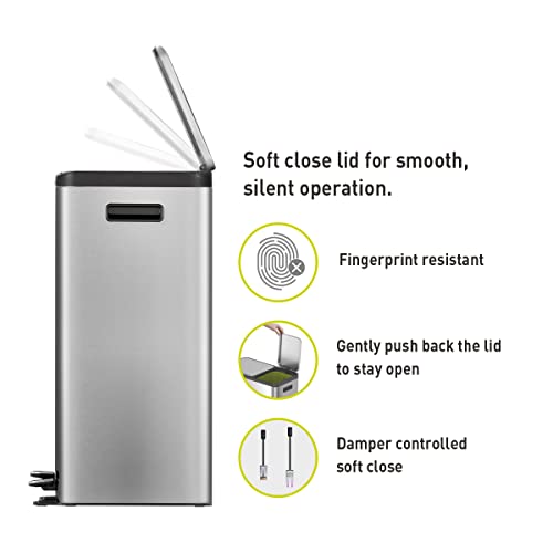 EKO EcoCasa II 36L+24L Dual Trash Can with Recycle Bin, Stainless Steel Garbage Can with Lid, Deodorizer Compartment