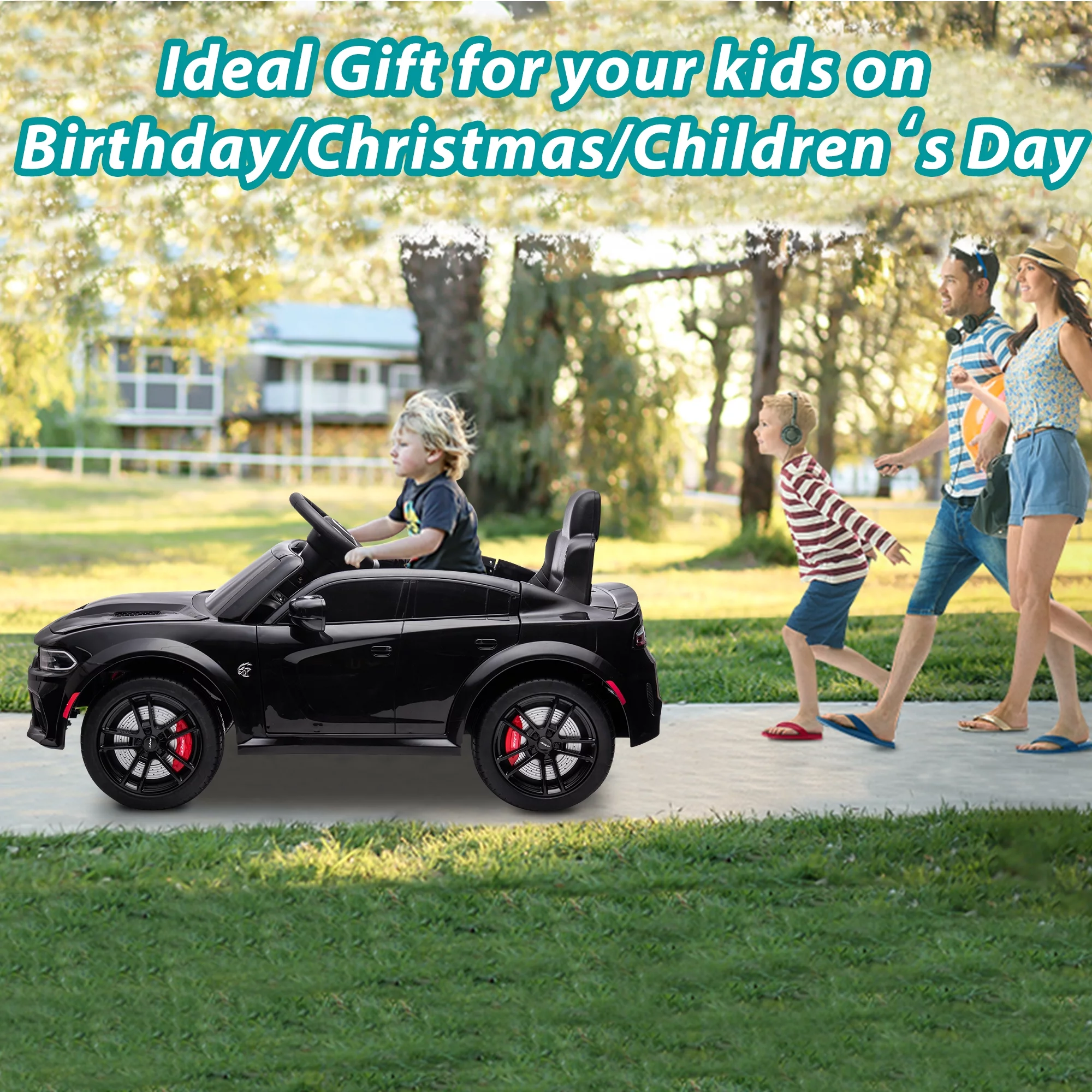 iRerts 12V Black Dodge Charger Ride On Cars with Remote Control, Kids Ride on Toys with Bluetooth, Music, LED Light, USB, MP3, 4 Wheel Suspension